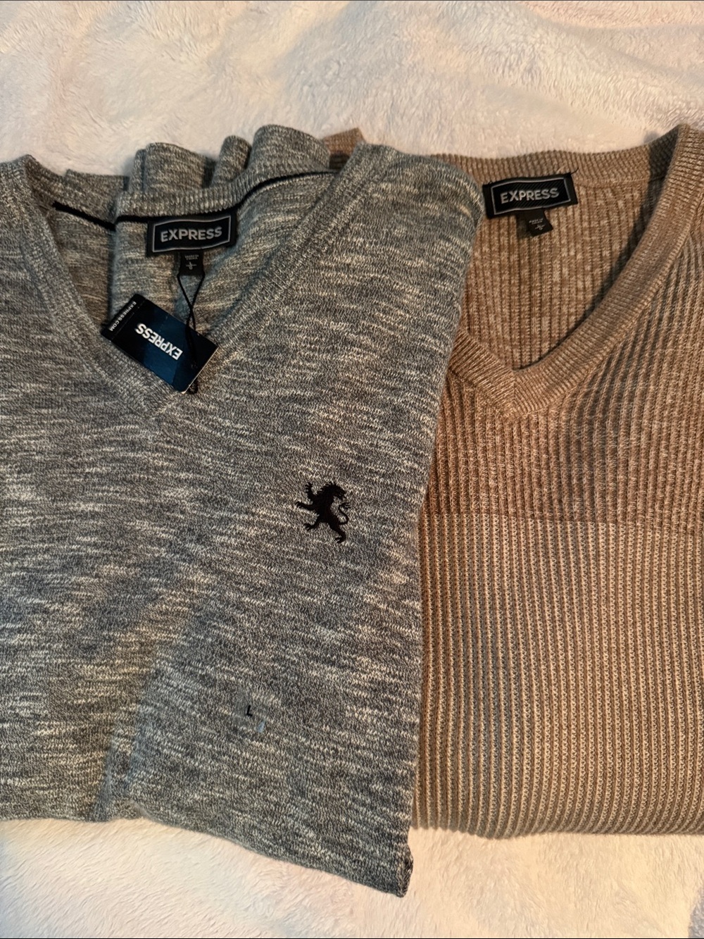 2 Large Men’s Express V-Neck Sweaters - Gray and khaki